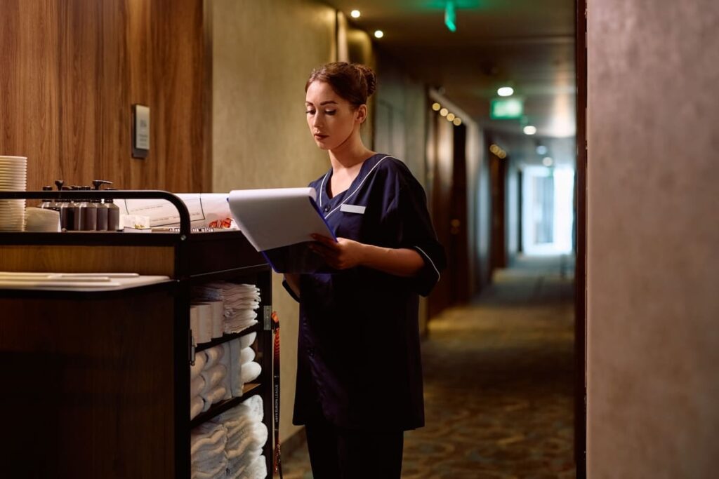 Funcionária de hotel checando o estoque dos itens de limpeza