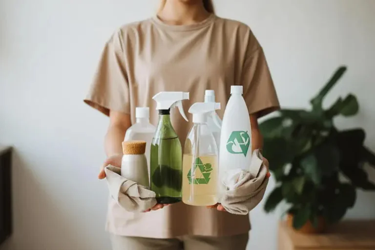 Pessoa segurando produtos de limpeza com símbolos de reciclagem, ilustrando um artigo da SuperPro Bettanin sobre produtos de limpeza sustentáveis.