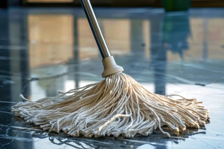 Imagem de mop sobre chão molhado, que ilustra um artigo da SuperPro Bettanin sobre dicas para escolher o melhor mop de limpeza profissional.