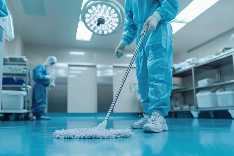 Pessoas uniformizadas limpando chão de hospital, ilustrando um artigo da SuperPro Bettanin sobre NR-32.