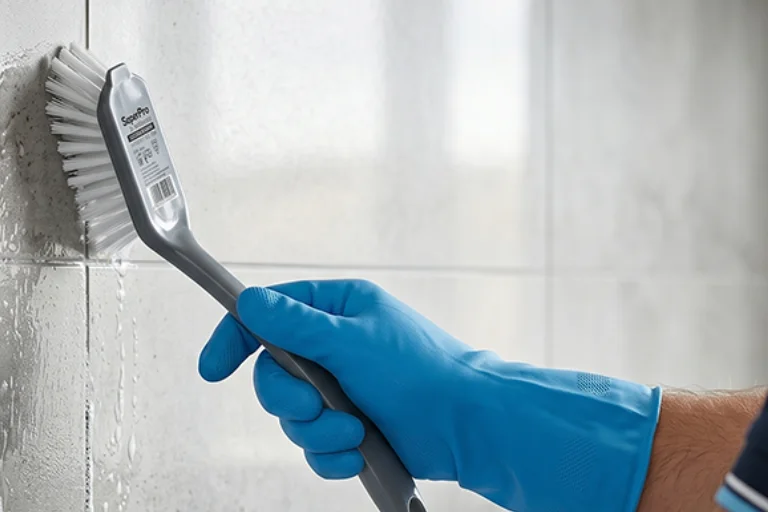 Mão com luva azul limpando azulejo branco com escova para limpeza de cerdas duras, ilustrando um artigo da SuperPro Bettanin.