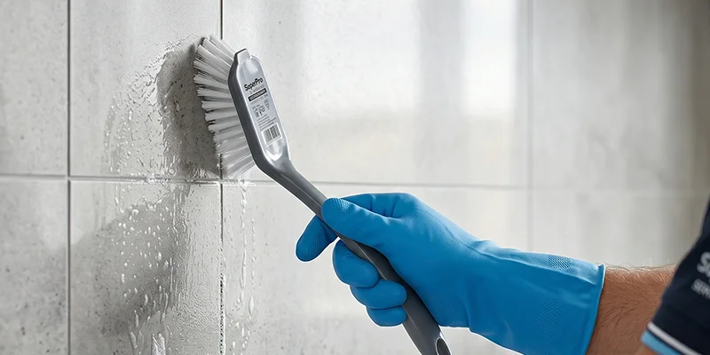 Mão com luva azul limpando azulejos cinza com escova para limpeza de cerdas brancas, ilustrando um artigo da SuperPro Bettanin.