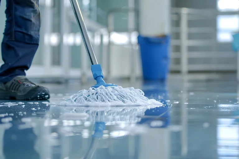 Pessoa limpando chão de piso frio com mop, ilustrando um artigo da SuperPro Bettanin sobre ISO 14001.