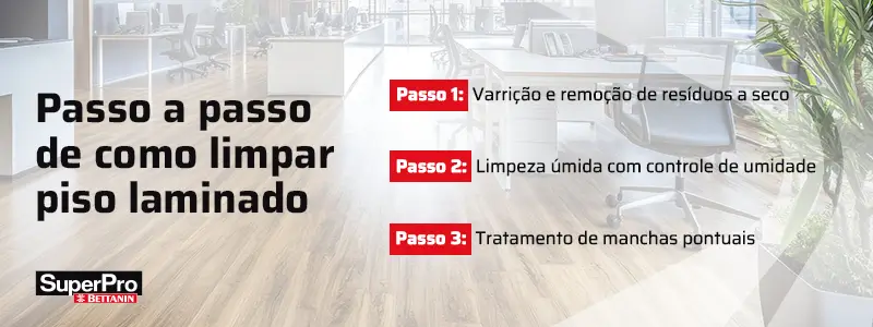 Passo a passo de como limpar piso laminado. Passo 1: Varrição e remoção de resíduos a seco. Passo 2: Limpeza úmida com controle de umidade. Passo 3: Tratamento de manchas pontuais.