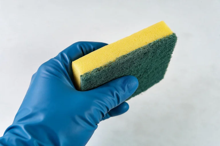 Mão com luva azul segurando esponja amarela e verde, ilustrando um conteúdo da SuperPro Bettanin sobre esponja para limpeza pesada.