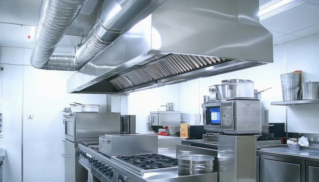Imagem de cozinha industrial equipada com fogão, forno, exaustor e utensílios de aço, ilustrando um artigo da SuperPro Bettanin sobre limpeza de coifa.