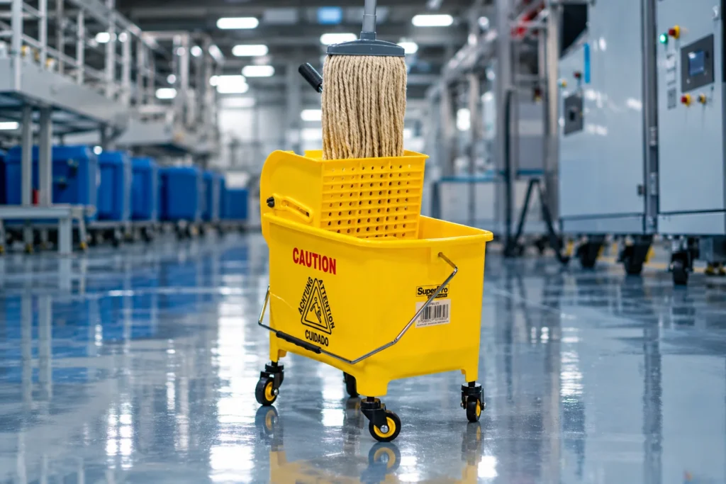Balde amarelo com rodinhas e esfregão em chão industrial limpo e brilhante, ilustrando um conteúdo da SuperPro Bettanin sobre mop industrial.