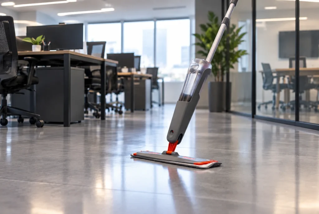 Mop limpando piso em ambiente com mesas e cadeiras, representando um mop spray profissional em artigo no blog da SuperPro Bettanin.