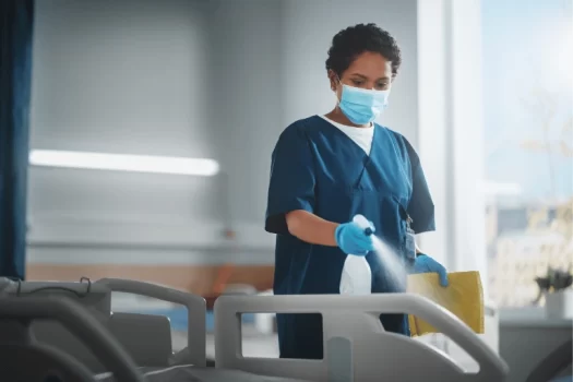 Profissional de limpeza realizando descontaminação hospitalar