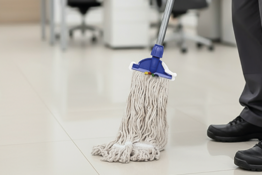 Imagem de esfregão sendo passado em um piso branco, ilustrando um artigo da SuperPro Bettanin sobre tratamento de piso.