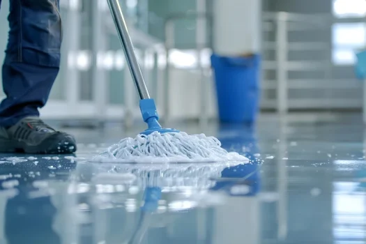 Pessoa limpando chão de piso frio com mop, ilustrando um artigo da SuperPro Bettanin sobre ISO 14001.