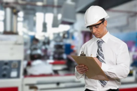 Profissional industrial com capacete branco e óculos de proteção fazendo anotações em prancheta em fábrica, ilustrando um conteúdo da SuperPro Bettanin sobre ISO 41001.