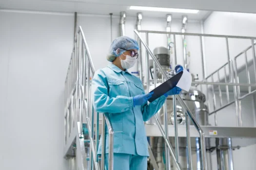 Profissional de laboratório com jaleco azul, touca, máscara e luvas segurando prancheta em ambiente industrial de produção, representando um artigo da SuperPro Bettanin sobre ISO 9001.