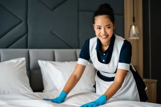 Mulher uniformizada arrumando uma cama de hotel, ilustrando um artigo da SuperPro Bettanin sobre limpeza profissional.