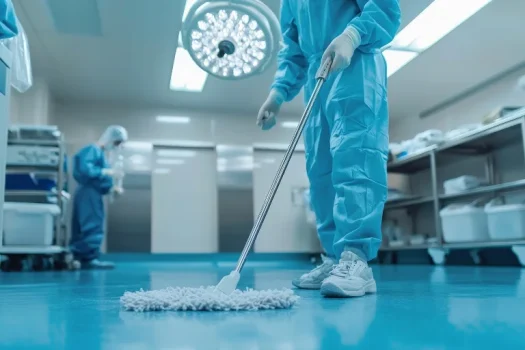 Pessoas uniformizadas limpando chão de hospital, ilustrando um artigo da SuperPro Bettanin sobre NR-32.