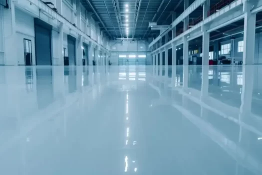 Piso industrial limpo com uma escova para lavar piso industrial.