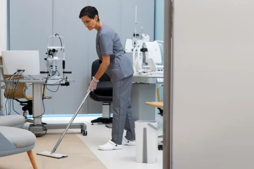 Profissional de limpeza limpando um quarto de hospital, para evitar a contaminação cruzada hospitalar.