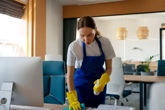 Profissional realizando limpeza técnica em um escritório.
