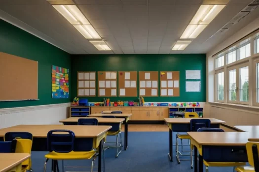 Sala de aula organizada e limpa, representando a limpeza da escola.