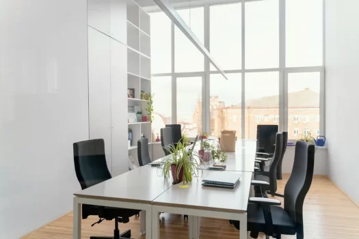 Sala de reunião moderna com mesa e cadeiras, decorada com plantas ao redor. Ambiente iluminado e espaçoso.