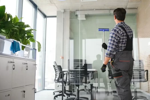 Trabalhador de limpeza realizando limpeza de vidros em interior de escritório